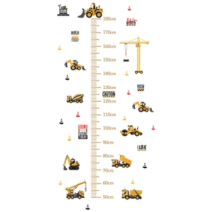 Cartoon construction vehicle height chart sticker with excavator and crane designs