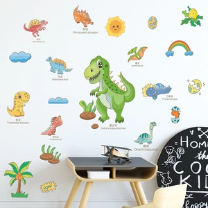 Dettaglio di adesivi murali dinosauri colorati con nomi in una cameretta per bambini