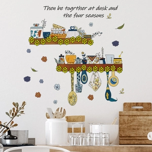 Floral kitchen utensil wall stickers with hand-painted jars, sunflowers and English quote