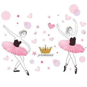Stickers muraux ballerine dansante avec cœurs, couronne dorée et texte de princesse fille