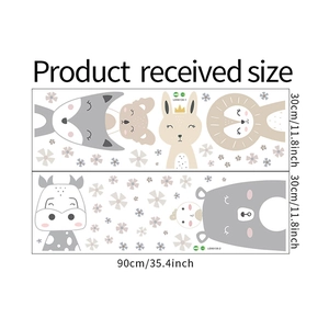 Detail view showing self-adhesive Nordic cartoon animal wall stickers with size dimensions