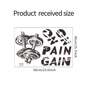 Dettaglio con grafiche di manubri e dimensioni dell'adesivo da muro No Pain No Gain