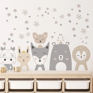 Nordic cartoon animal wall stickers with floral motifs for nursery and kids' rooms
