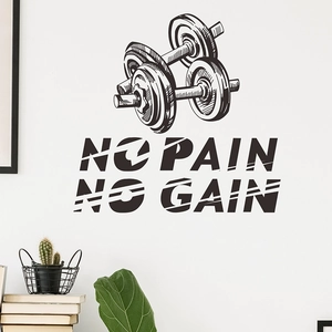 Adesivo murale fitness nero minimalista con manubri e citazione NO PAIN NO GAIN