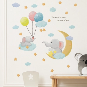 Detail of cartoon elephant wall decals with balloons and 'The world is sweet' quote