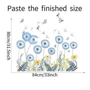 Detailed size guide of dandelion wall stickers showing 84x80cm dimensions and butterflies