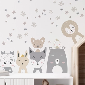 Nordic cartoon animal wall stickers with lion bear and koala in soft Morandi colors