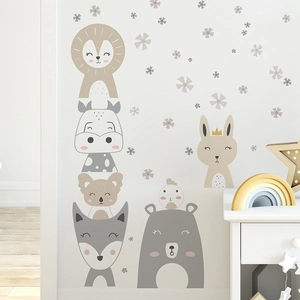 Nordic cartoon animal wall decals including lion, koala, and bear for kids nursery room