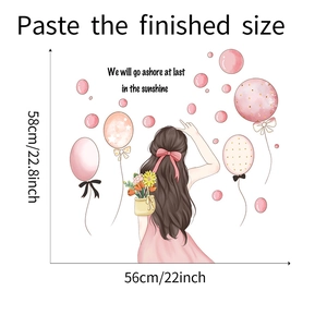 Détail de l'autocollant mural fille avec ballons indiquant les dimensions de 58cm par 56cm