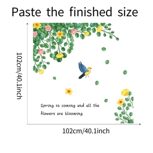 Detail showing self-adhesive wall decal dimensions 102x102cm with floral and bird watercolor