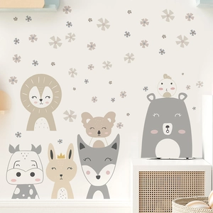 Nordic cartoon animal wall stickers featuring lion fox and koala for nursery room decoration