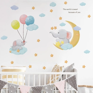 Cartoon elephant and stars nursery wall decal with watercolor style for baby room decor