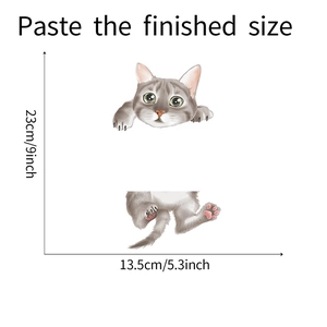 Detailed size specifications for cute grey cat wall decal showing 23cm height
