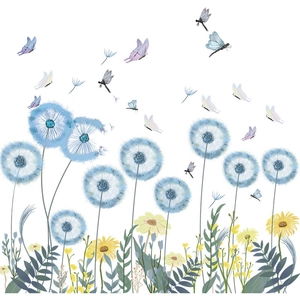 Floral wall decal set with blue dandelions, yellow daisies and flying butterflies
