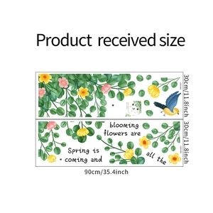 Detailed size chart showing 30x90cm wall decals with watercolor birds and green leaves