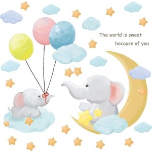 Cute elephant wall decal with moon, stars and balloons for nursery and kids room decor
