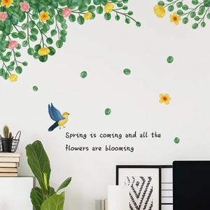 Self-adhesive wall sticker with green vines, flowers and birds for living room decor