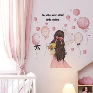 Stickers muraux romantiques fille de dos et ballons roses pour décor de chambre