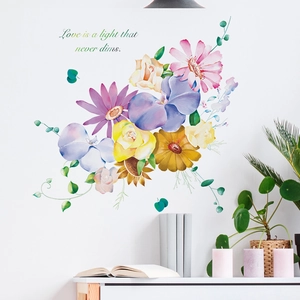 Sticker Mural Fleurs Aquarelle en PVC Amovible Décalcomanie Florale Avec Citation d'Amour pour Chambre Salon Maison