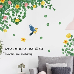 Pastoral Green Leaves Pink Flowers Bird Wall Sticker Spring Quote Waterproof PVC Self Adhesive Wall Decal For Bedroom Living Room Decor