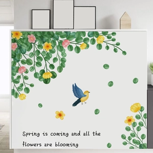Floral wall decal with green leaves, birds, and spring text for home wall decoration