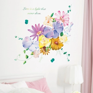 Sticker mural fleurs aquarelle avec citation Love is a light that never dims pour chambre