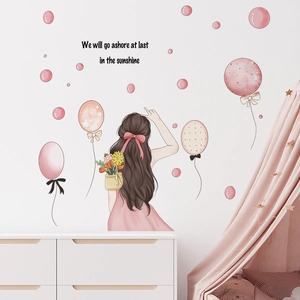 Sticker Mural Silhouette De Fille Avec Ballons Roses PVC Imperméable Autocollant Mural Citation Romantique Pour Chambre D'Enfant