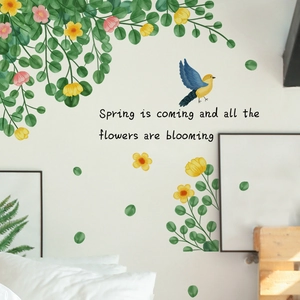 Green leaves and flowers wall sticker with bird and spring quotes for home decor