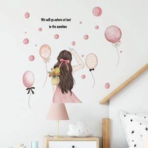 Sticker mural de fille avec ballons roses pour décoration de chambre romantique