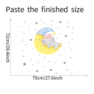 Detailed dimensions of cartoon elephant sleeping on a moon wall sticker for nursery decor