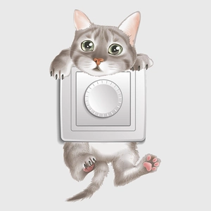 Cute tabby cat light switch wall sticker featuring a grey kitty holding a white knob
