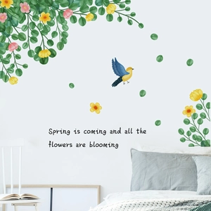 Green leaf flower bird wall sticker set for bedroom with spring nature theme quote