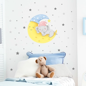 Cartoon elephant sleeping on moon wall decal with grey stars for nursery room decor