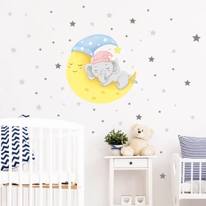 Cute cartoon elephant sleeping on a yellow moon with stars nursery wall decals