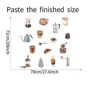 Detail view of coffee and croissant wall stickers with dimensions 70cm x 71cm for kitchen decor
