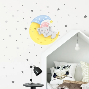 Cartoon baby elephant sleeping on moon wall decals with grey stars for kids bedroom