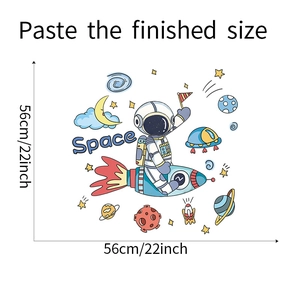 Detailed view of astronaut wall sticker with rocket and UFO, measuring 56cm/22inch