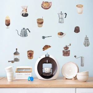 Nordic style coffee and bread wall stickers set for kitchen decoration with watercolor design