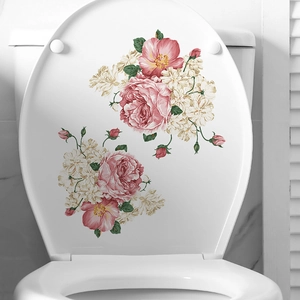 Floral self-adhesive toilet sticker featuring elegant pink roses and green leaves