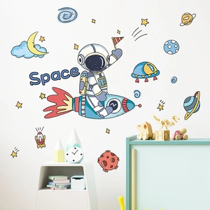 Cartoon space astronaut and rocket wall decals for kids bedroom and nursery decor