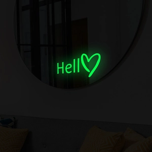 Luminous green Hello sign with heart for wall and mirror decoration in dark ambient light