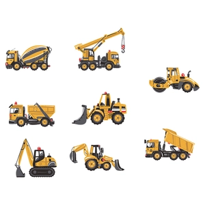 Cartoon construction vehicle wall stickers featuring yellow excavators and cranes for kids
