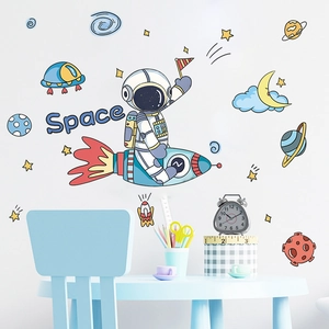 Cartoon astronaut and planet wall stickers for kids bedroom space decor with rockets