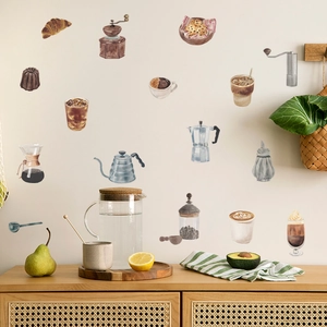 Detailed watercolor kitchen wall decals featuring coffee pots and pastry designs