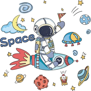 Cartoon astronaut and rocket wall decals for children's bedroom decor with space elements