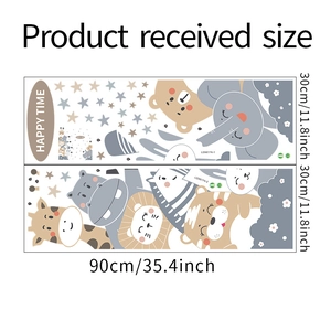 Detail showing two sheets of cartoon animal wall stickers measuring thirty by ninety centimeters