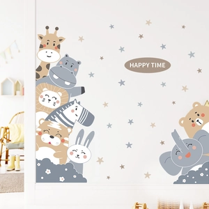 Cute cartoon animal party wall stickers in Morandi colors for nursery decoration