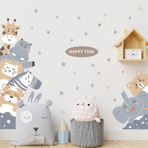 Cartoon animal wall stickers with giraffe and lion for nursery wall decoration