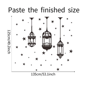 Dimensions diagram of Ramadan star and lantern wall stickers showing 135cm total width