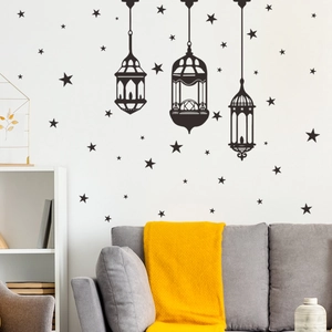 Middle Eastern style black vinyl wall sticker with hanging lanterns and stars for home decor